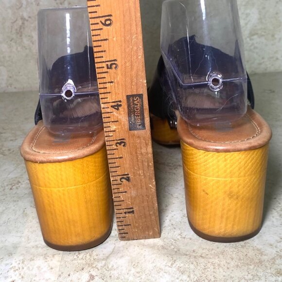 Mia Merel Black Faux Leather Open-Toe Sandals Wood Like Platform Heel Size 7 - Picture 4 of 9